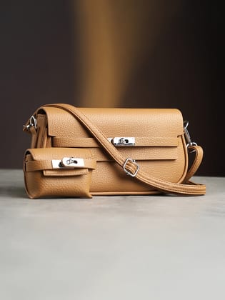 The Overlap-Curve Sling Bag With Pouch - Tan Brown-Sling Bag