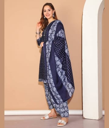 wonder weave Women Cotton Blend Printed Straight Kurti With Patiala Salwar ( Blue )