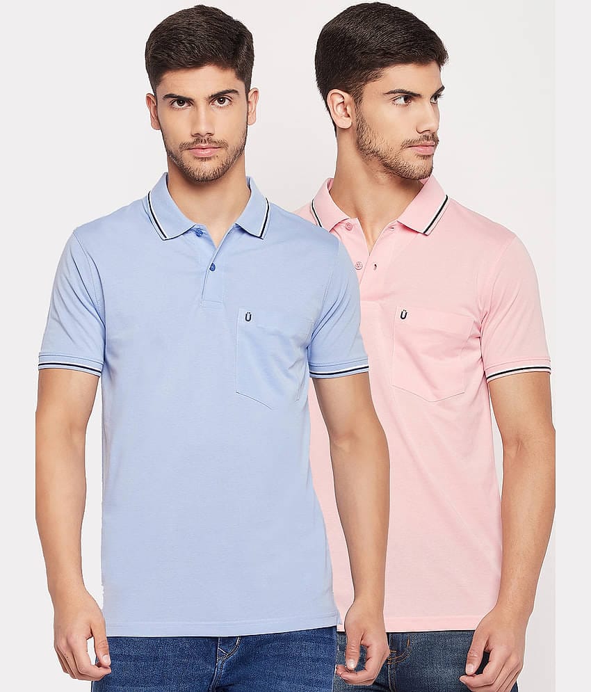UNIBERRY Pack of 2 Cotton Blend Regular Fit Solid Half Sleeves Men's Polo T Shirt ( Sky Blue )
