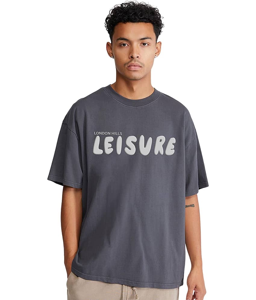 LONDON HILLS Cotton Blend Oversized Fit Printed Half Sleeves Men's Round T-Shirt - Grey ( Pack of 1 )
