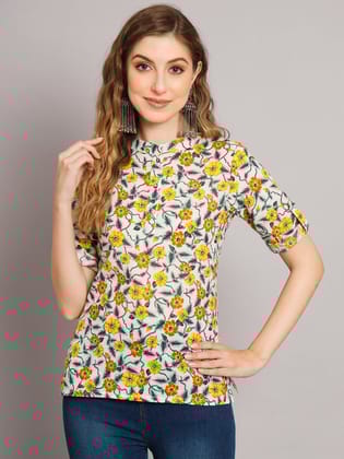 Floral Mandarin Collar Pure Cotton Tunic Top-XS
