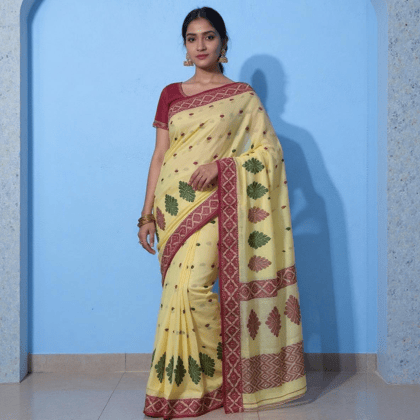 Premium Cotton Bengal Tangail Saree-Cream