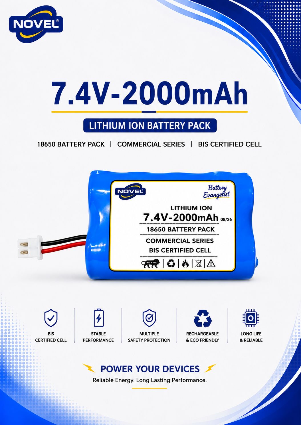 NOVEL 7.4V BMS 18650 LITHIUM ION DUAL BATTERY PACK WITH JST 2PIN- 2000mAh