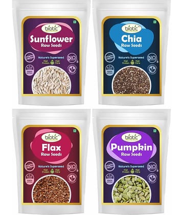 Biotic Sunflower Chia Flax and Pumpkin Seeds combo fack for Eating (75g each) 300 gm