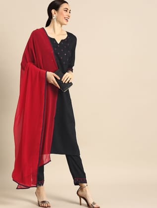 Beautiful  CHANDERI SILK Embroidered Straight Kurta with pant and dupatta sets-S