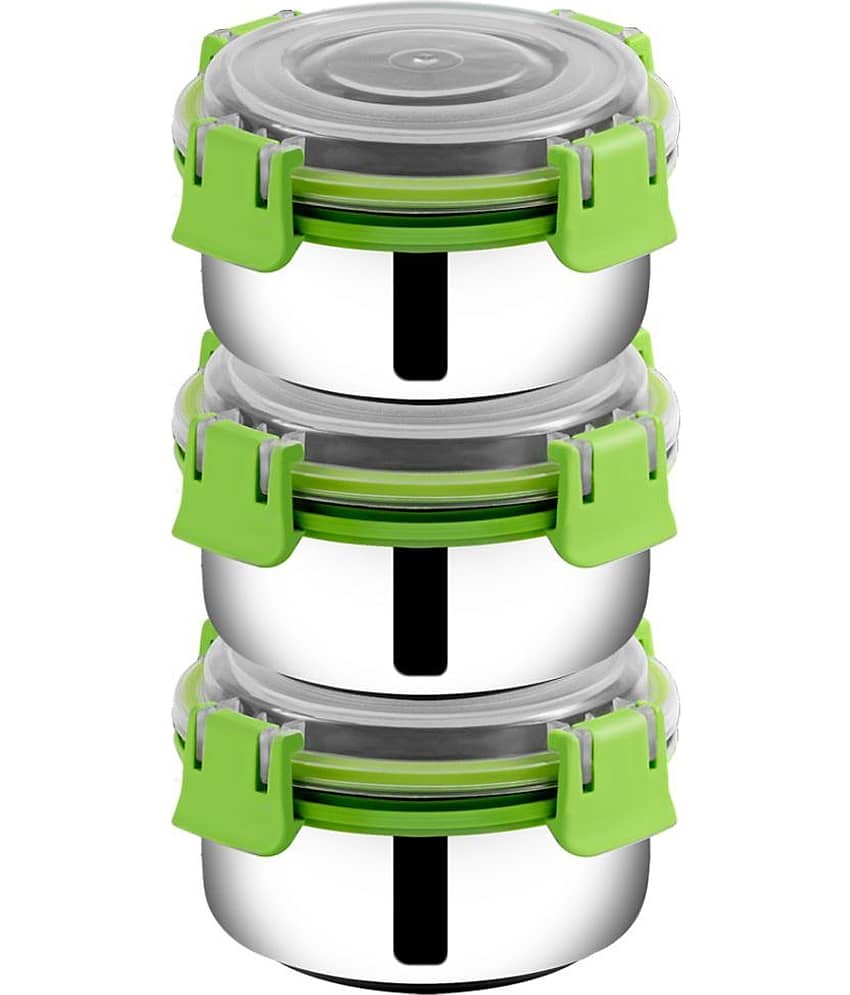 BOWLMAN Smart Clip Lock Premium Steel Green Food Container ( Set of 3 - 350mL each )