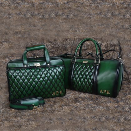 Bespoke 'APK' Metal Initial Handmade Green Leather Diamond Stitched Bag by Brune & Bareskin-FS