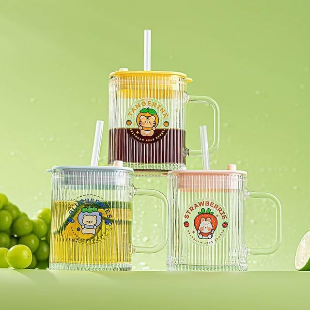 Drinking Glasses 400 ML Coffee Mugs with Handle Lid and Straw Tumbler Travel Sipper Cup for Milk Juice Cocktail Iced Tea Hot Cold Drink Kids Cup (Set of 1) Multi-Colour