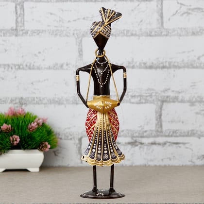 Iron Tribal Man Figurine Playing Banjo Musical Instrument Decorative Showpiece (Black, Green and Orange)