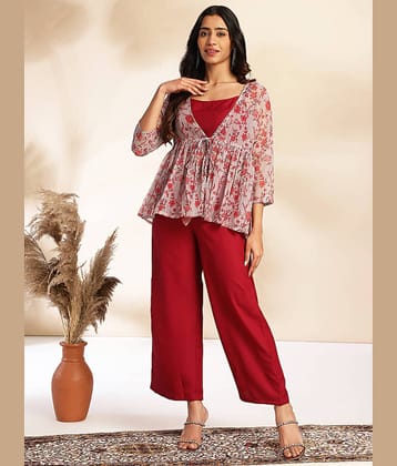 Janasya Women Printed Top With Trousers Co-Ord Set ( Wine )