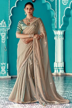 Beige Embroidered Tissue Saree