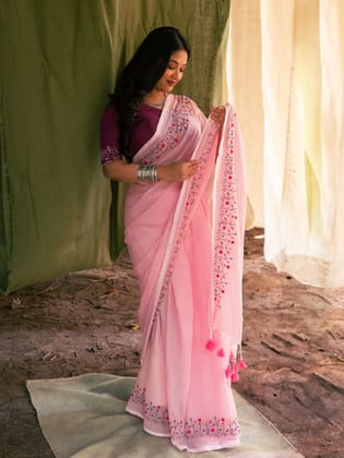 Floral embroidered Cotton saree