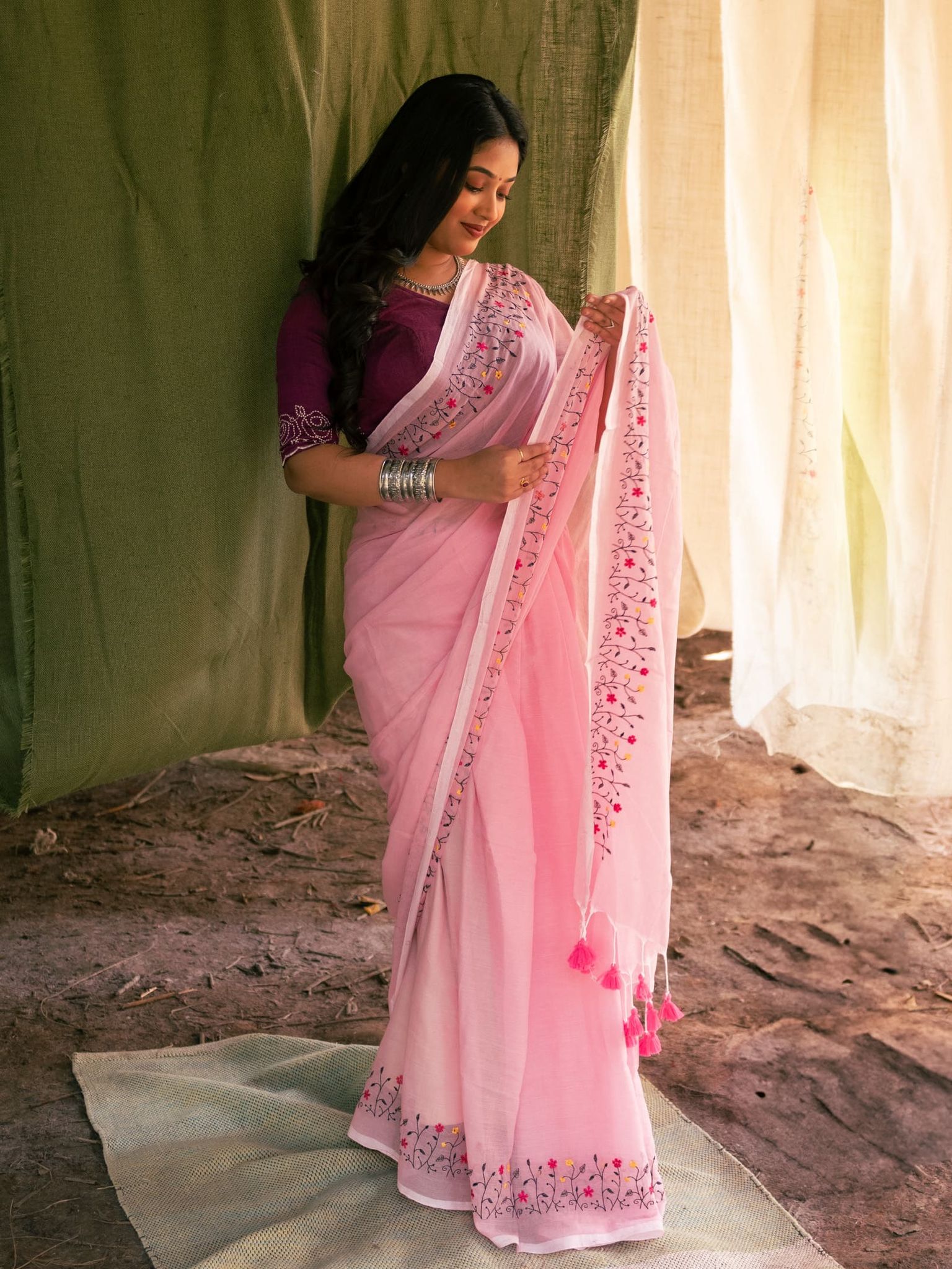 Floral embroidered Cotton saree