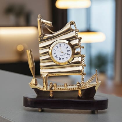 Brass & Wood Ship Clock Big Showpiece | Luxury Marine Theme Home Décor, Height : 6.5 Inch (ZMAS111 B)
