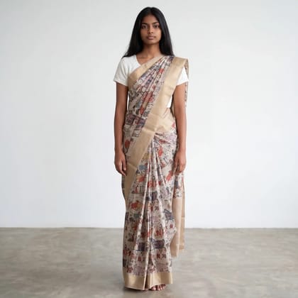 Pattachitra Tussar Silk Saree Folk Figures Gold Zari Border