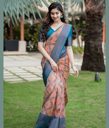 ISARA Banarasi Silk Solid Saree With Unstitched Blouse Piece ( Peach )