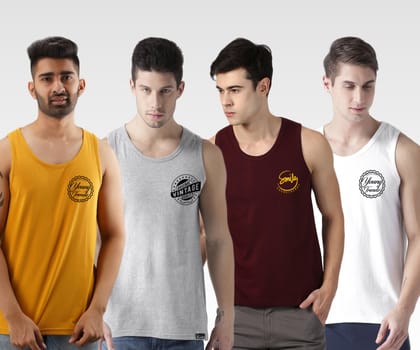 Mens Printed Sleeveless Combo Tshirt-XS / Mustard Grey Maroon White