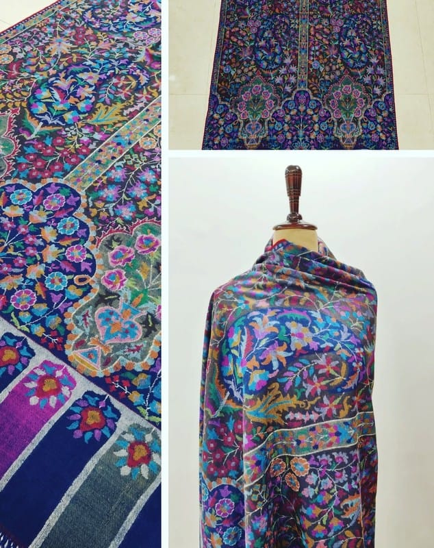 Blue Floral Pashmina Kani Shawl – Handwoven Pure Wool Wrap with Leaf Motifs | Elegant Heritage Craft by Heritage Design Inc