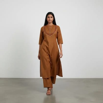 Handloom Cotton Co-Ord Set with Hand Embroidery in Chocolate Brown