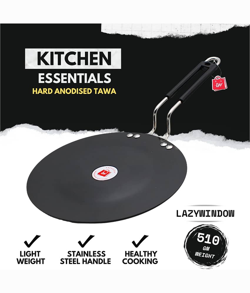 LAZYWINDOW Non Coated Hard Anodised Dosa Tawa/Flat Tawa Induction Bottom Stainless Steel Handle 3 mm Thickness 25 cm Diameter