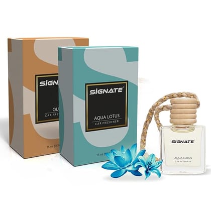 Signate Car Perfume with Natural Fragrance Essential Oils | Car Air Fresheners Long Lasting Upto 90 Days | Hanging Pod in Glass Bottle with Wooden Diffuser Lid (Aqua Lotus Air 15ML + Oud 15ML) Signate Car Perfume with Natural Fragrance Essential Oils | Car Air Fresheners Long Lasting Upto 90 Days | Hanging Pod in Glass Bottle with Wooden Diffuser Lid (Aqua Lotus Air 15ML + Oud 15ML)
