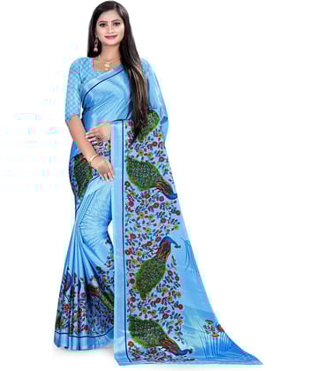 LEELAVATI Crepe Printed Saree With Unstitched Blouse Piece ( Light Blue )