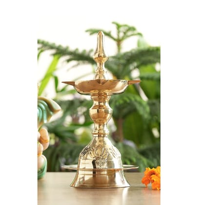 Handmade Pure Brass Standing Pillar Diya, Exquisite Kamal Urip Design-20cm / 1