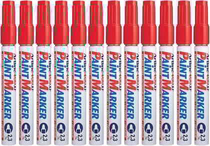 Artline 400XF Paint Markers for Wood, Plastic, and Canvas, The Ideal Waterproof Marker for Indoor/Outdoor Applications, Opaque Permanent Markers with 2.3 mm Bullet Tip, Red, Pack of 10