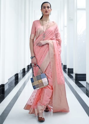 Coral Pink Banarasi Woven Kora Silk Saree