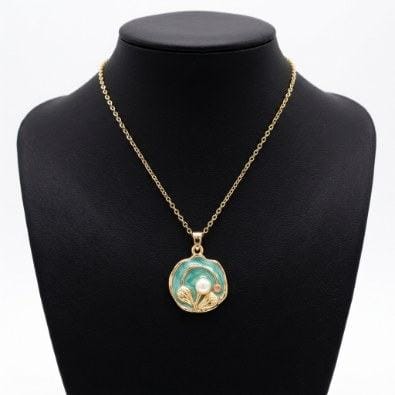 Teal Enamel Pearl Flower Pendant Necklace | Gold-Tone Anti-Tarnish Imitation Jewellery