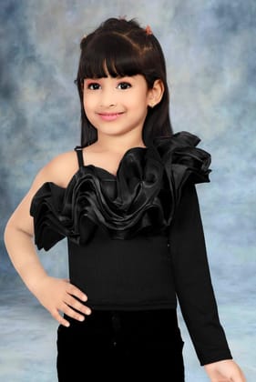 Girl's Black One-side Shoulder Top  [GT-781] [1 -14Years]-1-2Y (Size - 18) / Ribbed