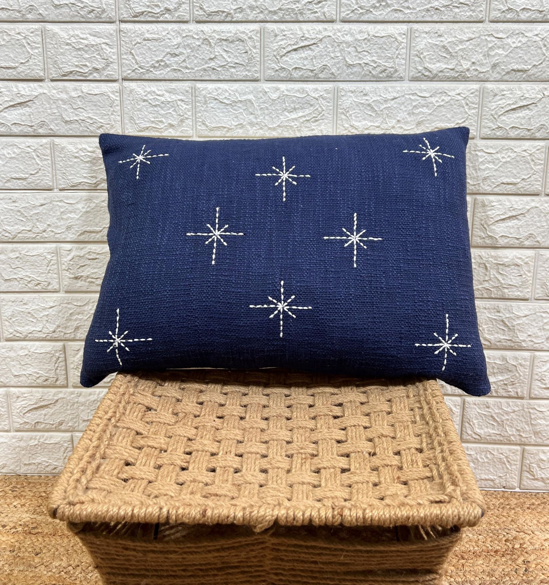 Indihomecraft Handicraft Cotton Cushion Cover - Hand Stitched Embroidery Decorative Art Boho Pillow Star Shape Blue Hand Made Pillow Cover | Square Shape 14X20 Inches Cushion Cover
