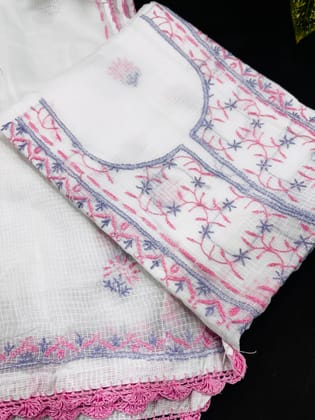 Tulip Handcrafted Kota Doria Unstitched Suit Fabric with Intricate Embroidery � White Base with Pink & Blue Floral Work Tulip Handcrafted Kota Doria Unstitched Suit Fabric with Intricate Embroidery � White Base with Pink & Blue Floral Work