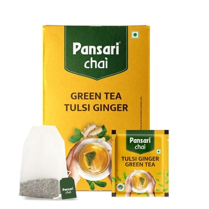 Pansari Ginger Tulsi Green Tea  25 Premium Tea Bags | Caffeine-Free | Rich in Antioxidants | Supports Digestion & Immunity | Stress-Relieving & Metabolism-Boosting | Certified Organic Whole Herbs