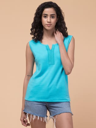 Hive91 Womens Sea Green Cotton Lace Neckline Sleeveless T-shirt XXL