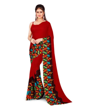 Women's Poly Georgette Printed Saree without Blouse (Maroon)