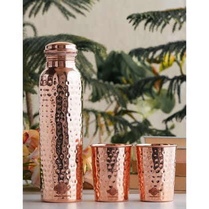Pure Copper Hammered Leak Proof Water Bottle & Two Glass-900ml