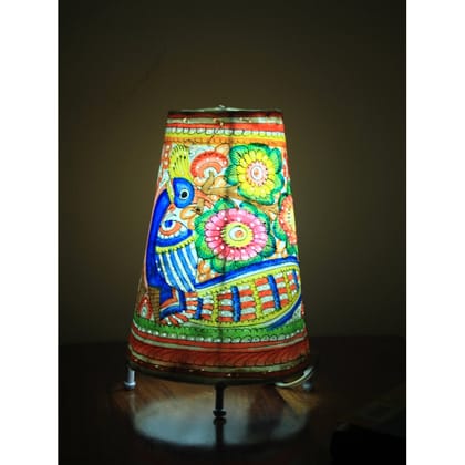 Beaming Peacock Kalamkari Handpainted Standing Round Leather Lamp -9 Inch