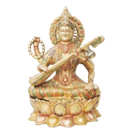 Brass Saraswati Ji God Idol Statue - Handcrafted Home Temple Murti, Height : 11 Inch (BSMAS034)