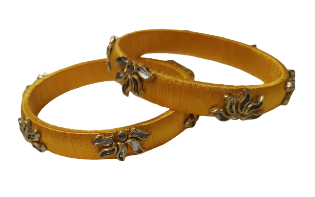 Yellow Silk Thread Bangles with Floral Embellishments