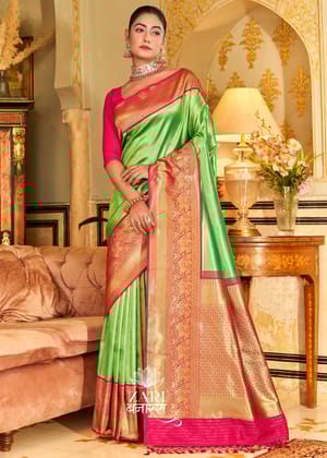 Chandini: Kanjivaram Kadhwa Weave Saree In The Shades Of Green And Red