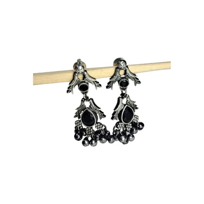 Anvaya Collections Vintage Style Green Stone Earrings, Antique Silver Finish, Bell Cluster Design