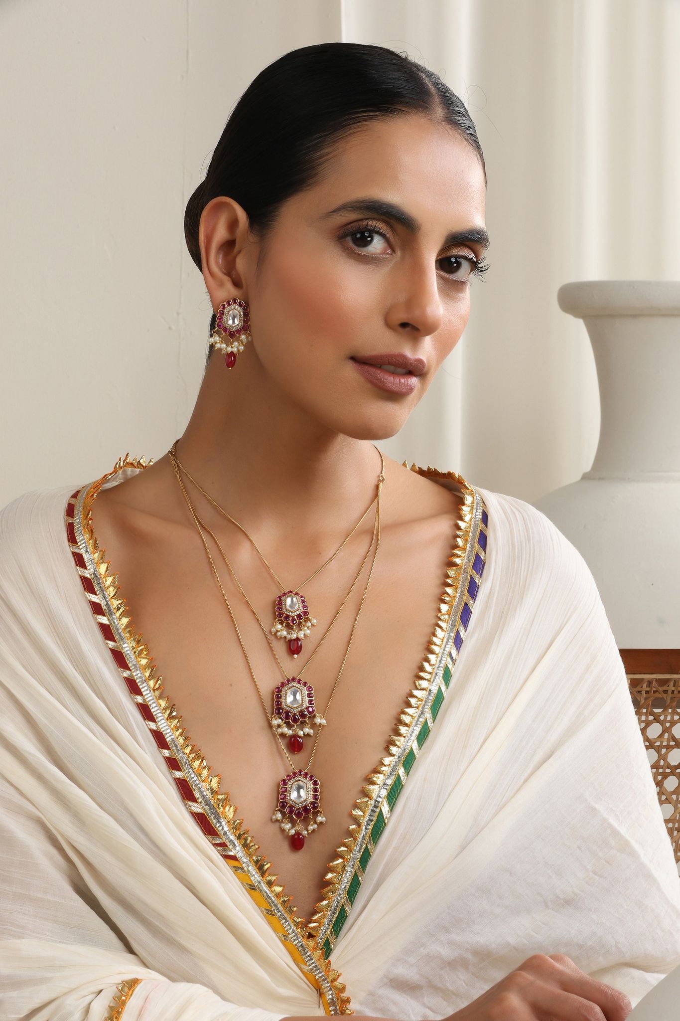 Everly Ruby Polki Layered Necklace Set-Polki