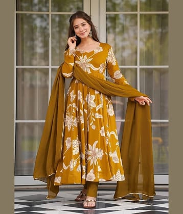 kedar fab Women Rayon Printed Anarkali Kurti With Pants ( Mustard )