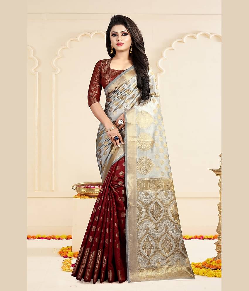 Gazal Fashions Banarasi Silk Printed Saree With Unstitched Blouse Piece ( Multicolor )