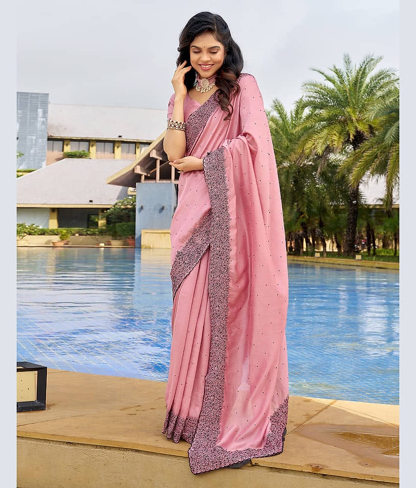 Samah Silk Blend Embroidered Saree With Unstitched Blouse Piece ( Peach )