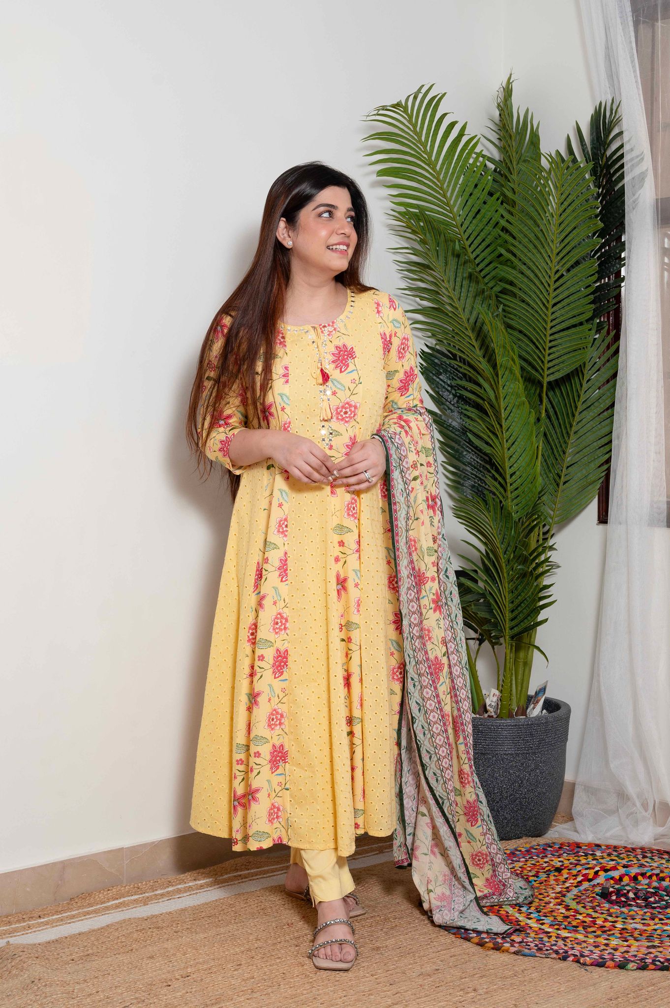 Tamra Yellow Schiffli And Print Detailing Anarkali-M