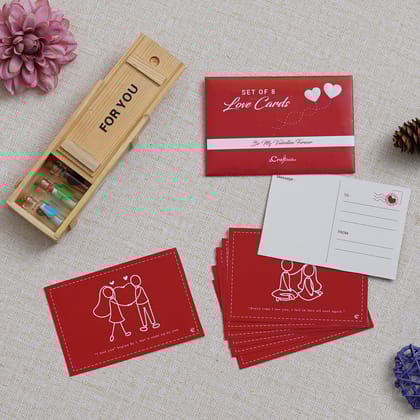 Valentine Combo of Set of 8 Love Post Cards Gift Cards Set, Wooden Box "For You" Message Bottle Set