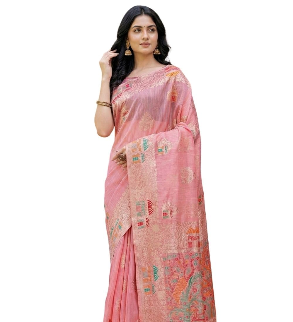 DARSHANS Women's Linen Cotton Printed Saree With Unstitched Blouse 5.5Mtr (Pink)-PID65292