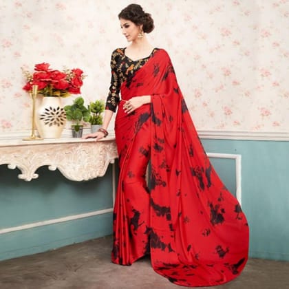 Blooming Red Colored Partywear Printed Satin Silk Sari